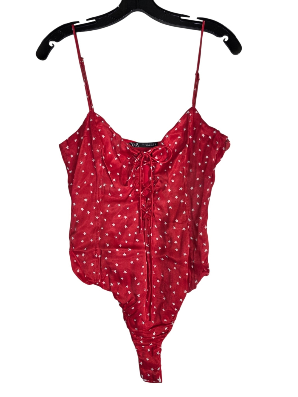 Zara Red Star-Print Lace-Up Satin Bodysuit Top